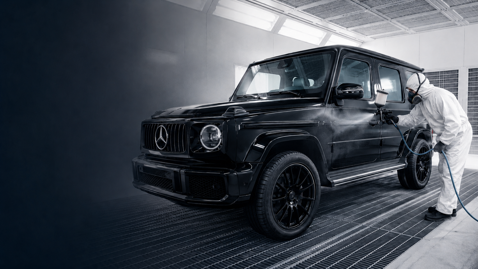 Technician spray painting a black Mercedes-AMG G 63 G-Wagon in a bright white spray booth