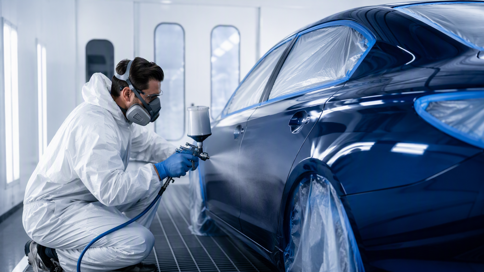 Automotive body repair workshop with a vehicle being inspected
