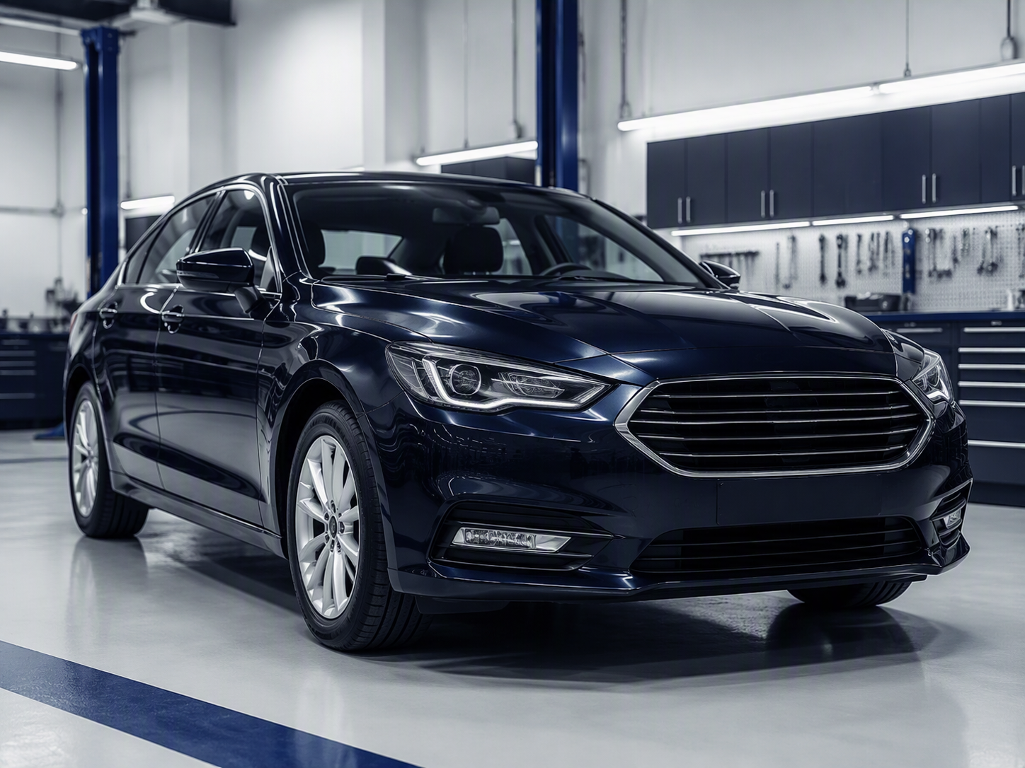 Professionally repaired prestige vehicle inside a modern body-repair workshop