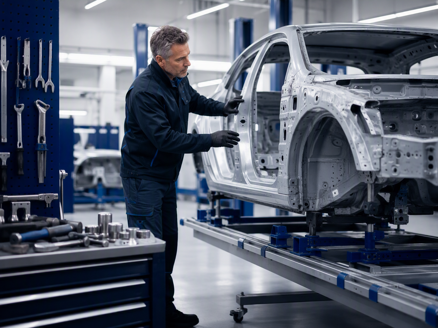 Technician repairing vehicle body damage in a collision repair workshop